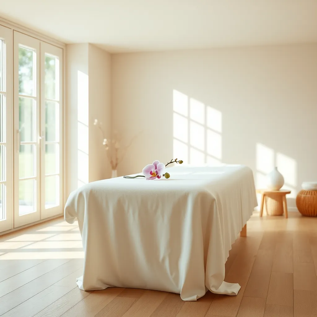 A photorealistic image of a serene spa setting with natural lighting filtering through large windows. The focal point is a massage table draped in soft, white linens with a single, beautiful orchid resting on it. The background features a minimalist room with light wood floors and a warm color palette of soft creams and greens. The image should evoke feelings of calm and tranquility, with a focus on detail and texture. The composition should be balanced, with the massage table positioned slightly off-center and the orchid adding a touch of elegance.  The camera angle should be slightly elevated, capturing the entire massage table and the surrounding environment. Render the image with a 8K resolution and hyperrealistic detail.  Style references:  - The work of David LaChapelle - The minimalist aesthetic of Scandinavian design. - Photography by Annie Leibovitz, ultra high resolution, photorealistic, 8K, hyperdetailed, cinematic lighting