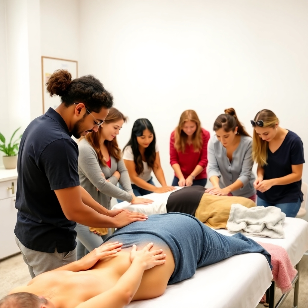 A photorealistic image of a small group of people attentively participating in a practical massage workshop. Capture the feeling of engagement and teamwork. The setting is clean and well-lit, reflecting a professional environment. Showcase diverse individuals actively involved in hands-on learning. Pay attention to the details of the massage techniques being demonstrated. The overall mood is positive, encouraging, and supportive.
