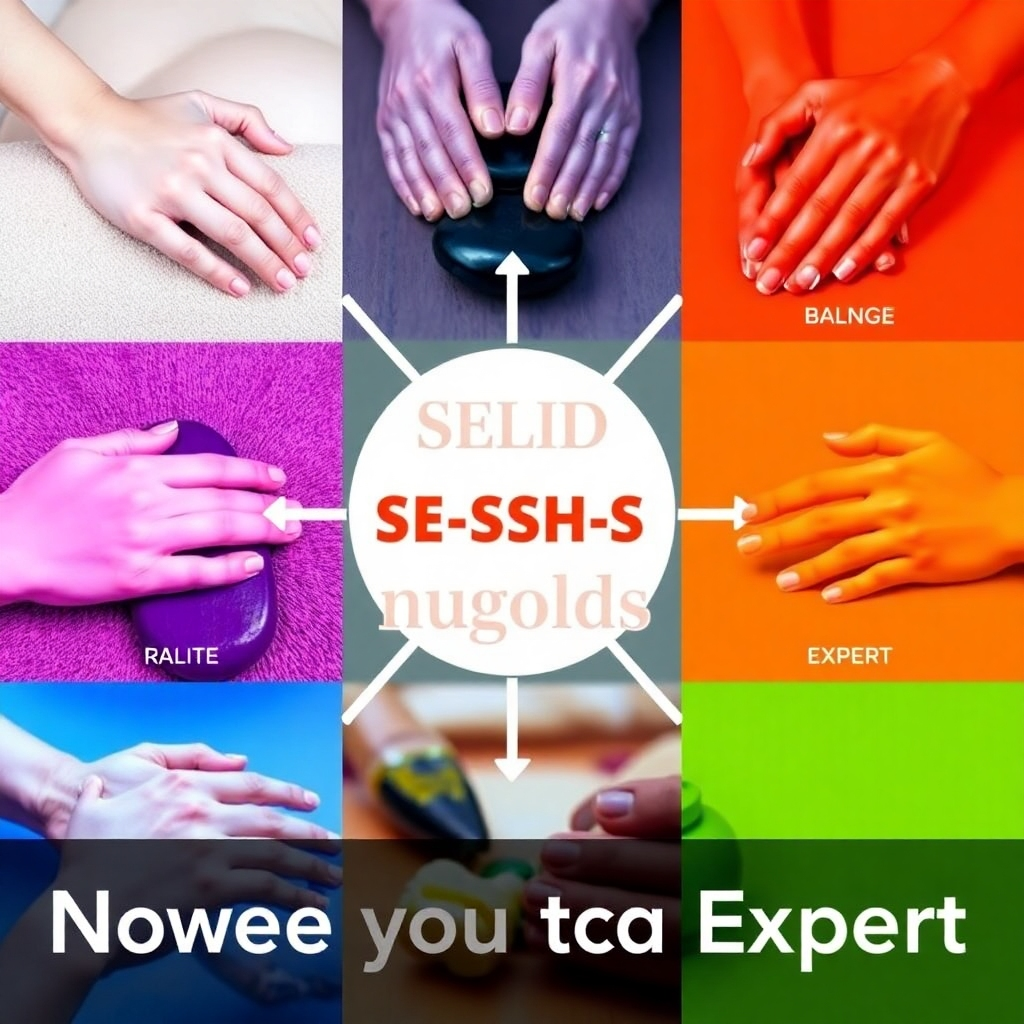 A stylized image showcasing a range of massage techniques suitable for different skill levels. Use vibrant colours to capture the essence of learning and progression. The image could feature hands interacting with different textures and tools, like stones, oils, or massage equipment. The style should be inspirational, highlighting the journey from novice to expert.