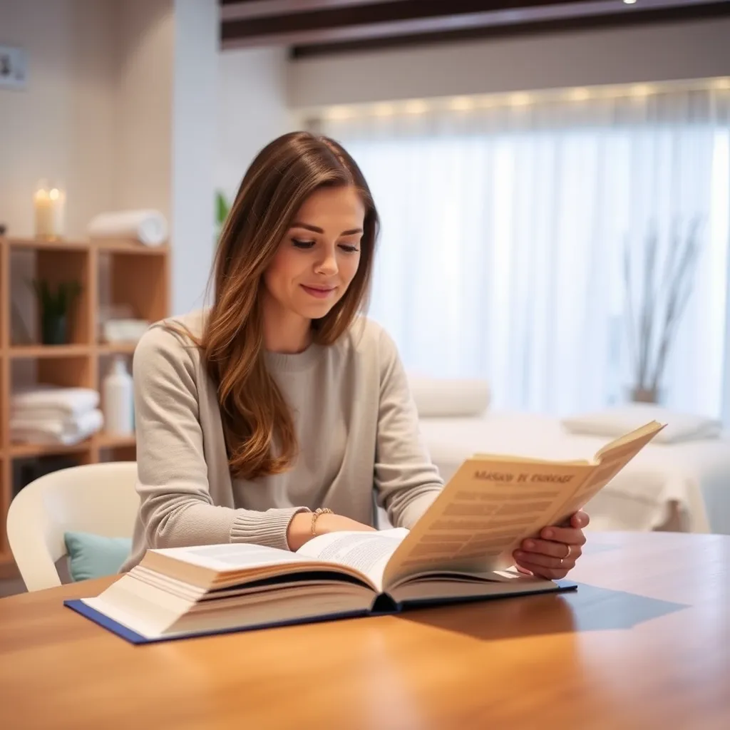 A woman sitting at a table in a comfortable learning environment, studying a book on massage techniques. In the background, a spa setting with soft lighting and calming colors can be seen, emphasizing the professional and holistic nature of massage therapy.