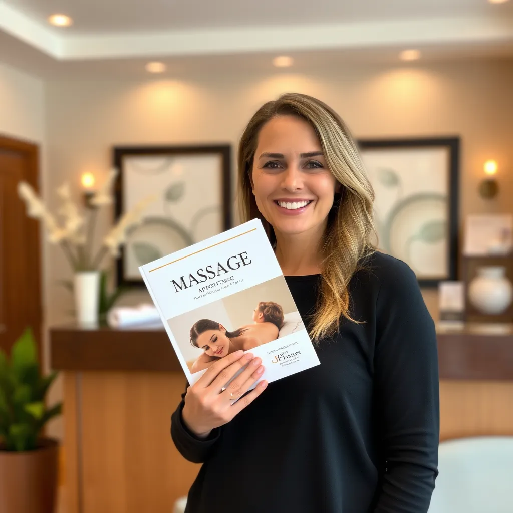 A woman smiling and holding a massage appointment book, standing in front of a spa reception desk. Behind her, a tranquil spa setting with soft lighting and calming colors can be seen. The scene should evoke a sense of relaxation and professionalism.