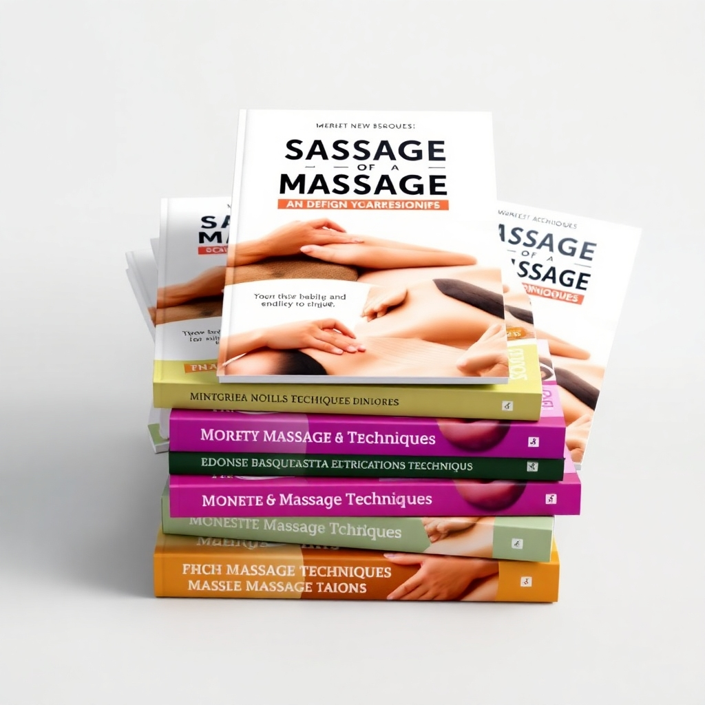 Create a 4K image of several different ebooks stacked together, showcasing various massage techniques on the covers. Use bright, inviting colors for the cover designs, evoking a sense of trust and professionalism. Soft lighting and minimal shadows create a professional look. Each cover should have a different style to represent the variety of techniques included. The resolution should allow for easy reading of the titles on each ebook.