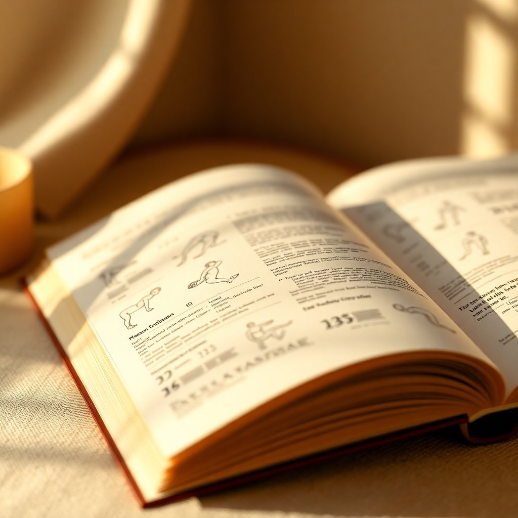 Create a 4K photorealistic image that visually represents the essence of comprehensive massage technique guides. The image could be a stylized close-up shot of an open ebook with pages filled with massage illustrations and diagrams, surrounded by soft lighting. The color palette should be warm and inviting, possibly using beige, light brown, and ivory tones to represent the book's pages and textures. The lighting should be soft and diffused, highlighting the details of the illustrations and the texture of the paper.  Use a shallow depth of field to focus attention on the ebook. Style references could be found in images showcasing educational books or high-quality publications about health and wellness. Ensure the image conveys a sense of knowledge, expertise, and trust, thereby mirroring the brand's value proposition.