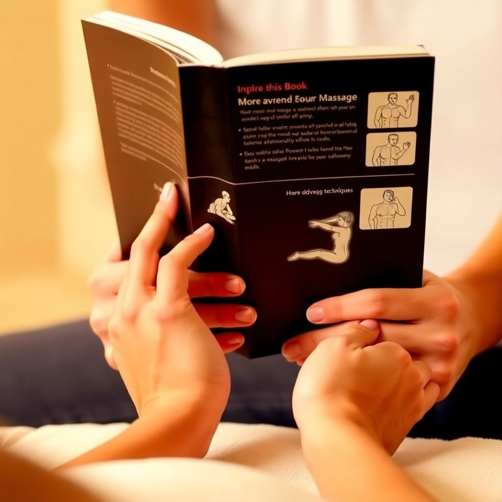 Create a stylized image of a person's hands improving their massage skills with our eBooks. The image should use a light and airy color scheme, incorporating warm colors. The image might show a close-up of hands holding an ebook, with illustrations or diagrams of more advanced massage techniques subtly visible. The image should use soft lighting, and the style should be modern and inspirational.
