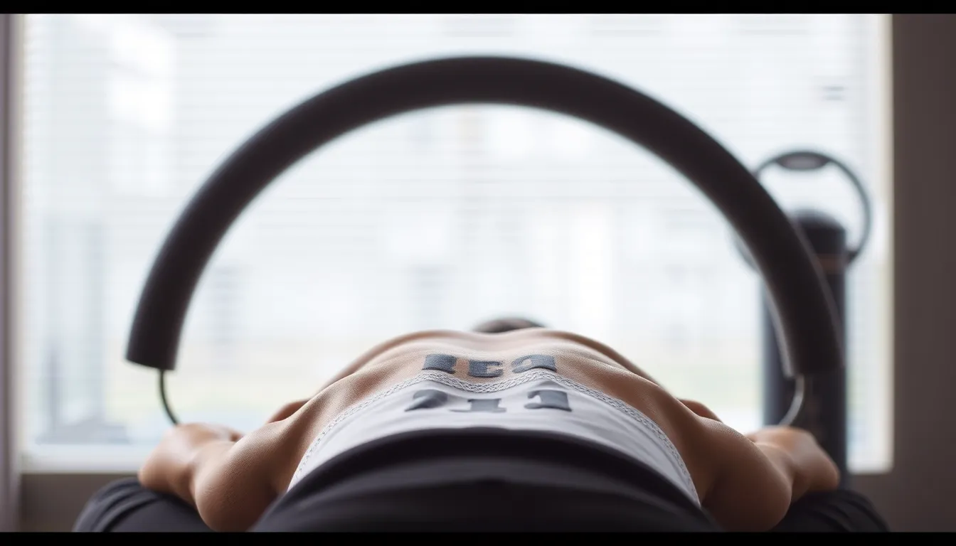 A high-contrast image of a dynamic sports massage scene. A professional male athlete, with a determined expression, is receiving a deep tissue massage from a skilled therapist. The therapist's hands are shown in detail, applying firm pressure to the athlete's muscles.  The athlete is wearing sports apparel, and the massage takes place in a gym setting, with a backdrop of weights and exercise equipment. The image should have a sense of energy and strength, emphasizing the effectiveness of sports massage in preventing and treating injuries.  The camera angle should be low, creating a dynamic perspective that emphasizes the athlete's muscular physique.  The image should be 8K resolution, with ultra-realistic detail, capturing the texture of the athlete's skin, the tautness of their muscles, and the smooth movement of the therapist's hands.  The colors should be bold and vibrant, with contrasting shades of blue, red, and grey, creating a dynamic visual experience.