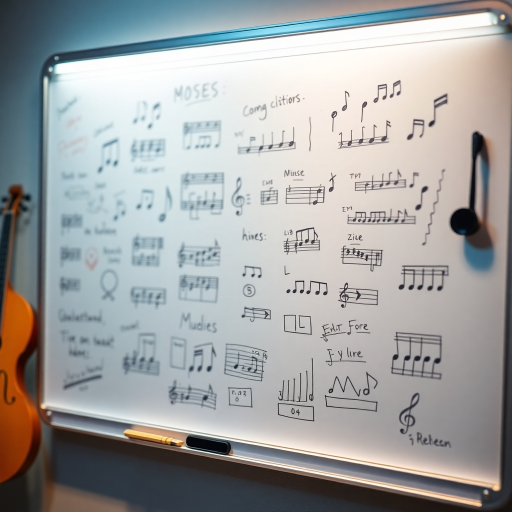 A photorealistic image depicting a whiteboard filled with musical ideas, sketches, and notes.  The scene is lit by soft, ambient lighting, with a color palette of calming and focused hues. The focus is sharp on the whiteboard, with a soft blur in the background.