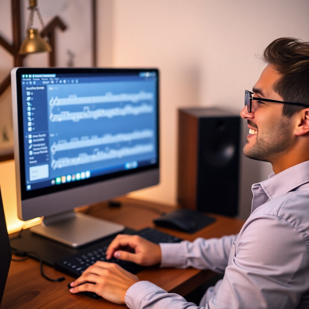 A photorealistic image depicting a person confidently working on a computer, music notation software displayed on the screen.  The scene is lit by the soft glow of the computer screen, with a neutral color palette. The focus is sharp on the person and the screen, with a soft blur in the background.