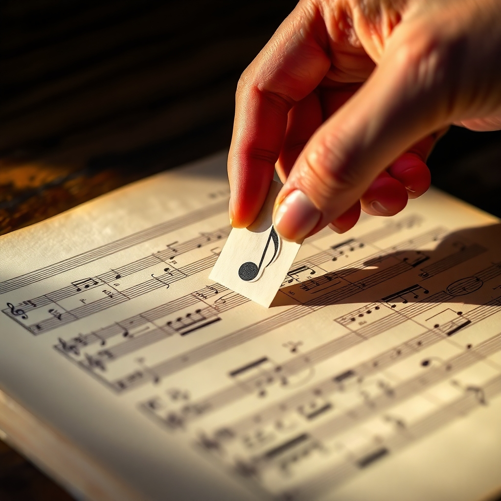 A photorealistic image of a hand delicately placing a musical note onto a manuscript, symbolizing the careful crafting of a melody.  The scene is lit from the side, casting soft shadows and highlighting the detail of the note and the texture of the paper. The color palette is warm and inviting, with earth tones and muted golds. The focus is sharp on the hand and note, while the background is slightly blurred to create a sense of depth.