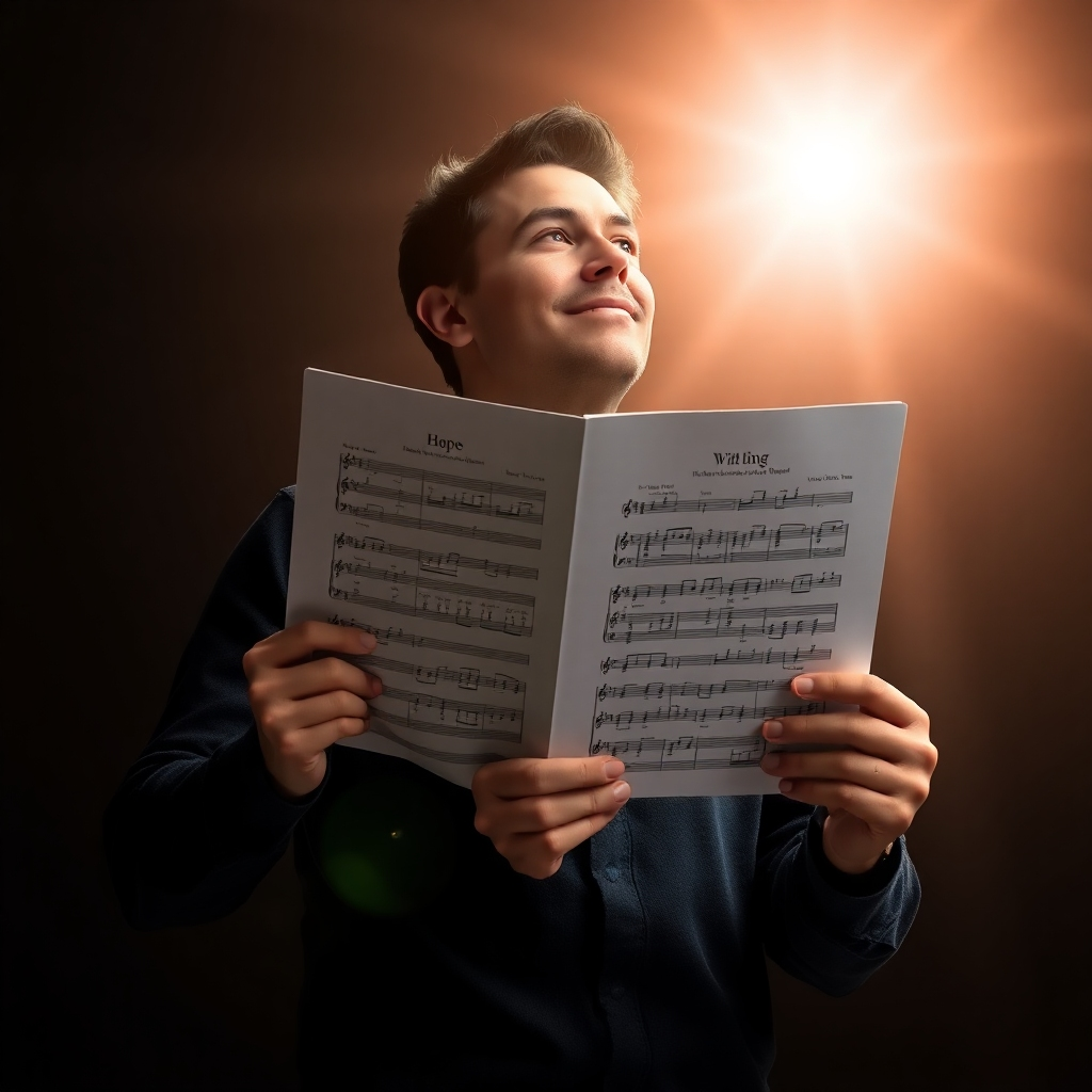 A photorealistic image of a person confidently holding a finished music score and looking towards a bright future.  Use a sharp focus on the score and the person's expression of pride and hope. The image should evoke feelings of determination and success.