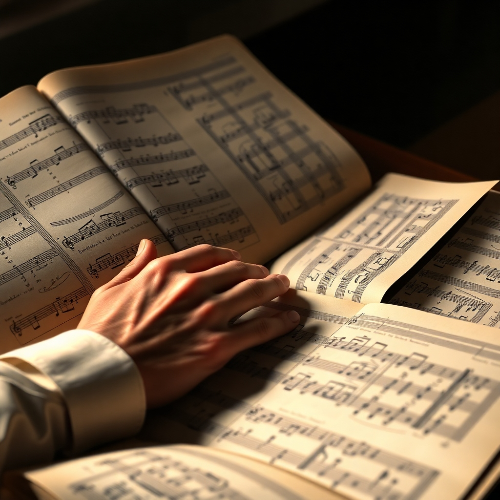 A photorealistic image of a person's hands arranging musical scores, highlighting the intricate details and layered complexity of the musical arrangement. Use a soft, warm lighting style to emphasize the precision and care of the process.