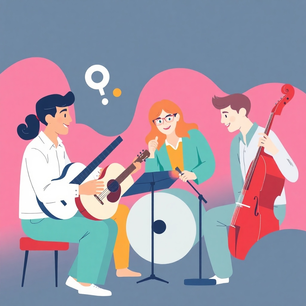 A stylized image depicting a group of musicians working together, sharing ideas and giving each other constructive feedback.  Use a vibrant and collaborative color palette, using shades that blend and harmonize.  The style should focus on positive communication and visual harmony.