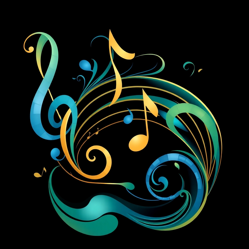 A stylized image depicting musical notes swirling and coalescing into a fully formed musical score. Use a vibrant color palette with blues, greens, and golds. The style should be reminiscent of Art Nouveau, with flowing lines and organic shapes. The background can be a dark, rich color, allowing the notes to pop. Use a high-quality 4K resolution with soft, diffused lighting.