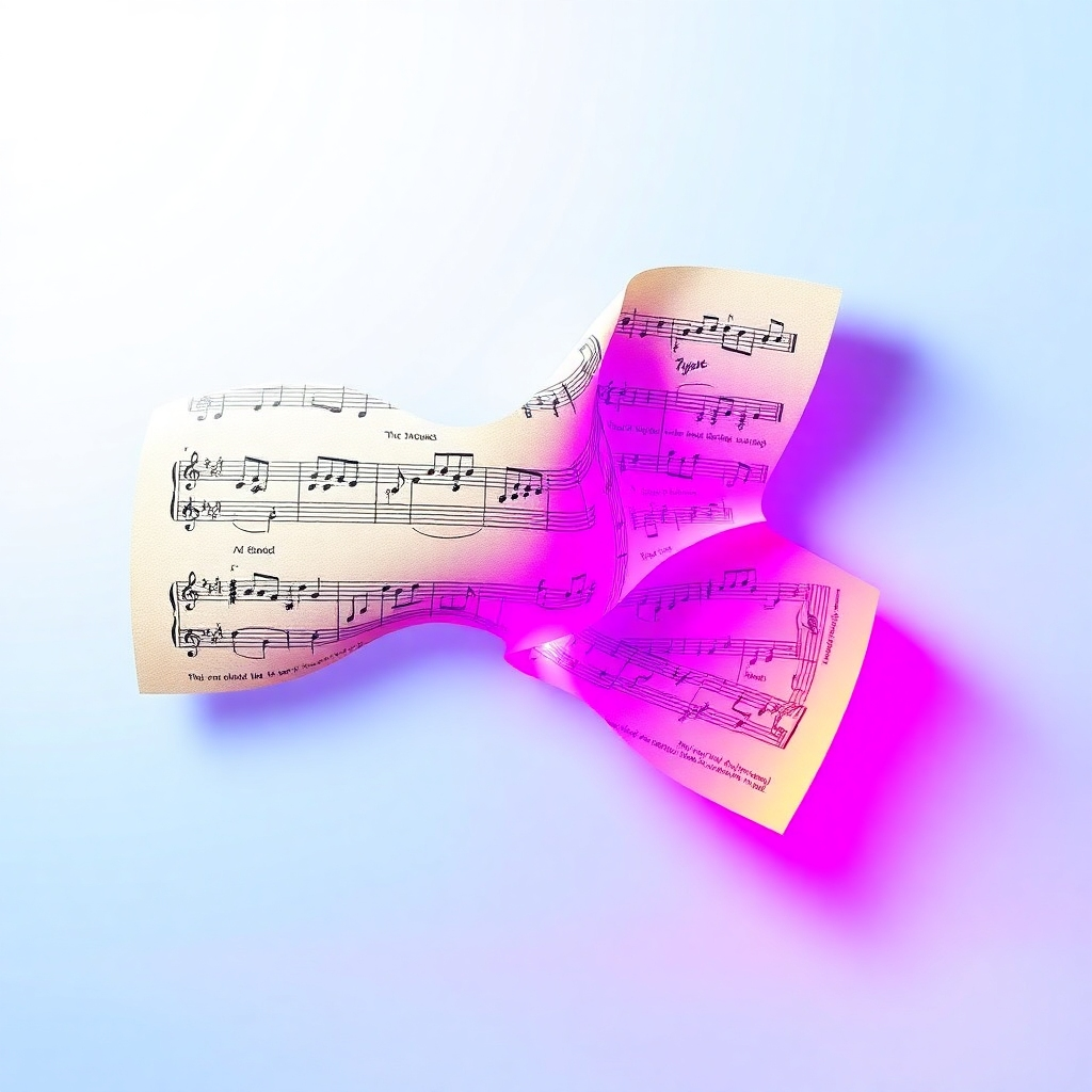 A stylized image of a musical score transforming into a unique, abstract shape, symbolizing the process of finding one's musical voice. Use bright, bold colors and geometric patterns. The lighting should be vibrant and sharp, to capture the movement and energy of the transformation.