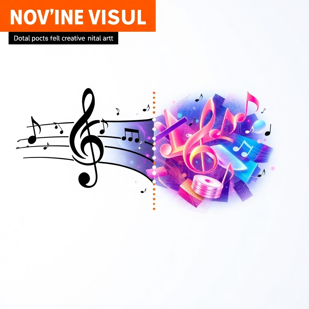 A stylized image of musical notes transforming into a vibrant, fully rendered piece of musical art, conveying the complete transformation from initial idea to finished product.  Use a clean and modern aesthetic with a strong emphasis on creative visualization.