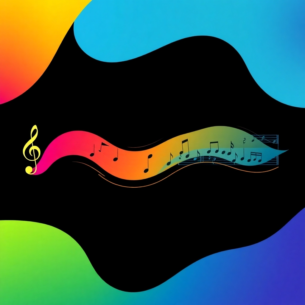 A stylized image showcasing a flowing melody line transforming into a fully realized musical score. Use vibrant colors and a dynamic composition to convey the process of melody creation. The style should be clean, modern and abstract.