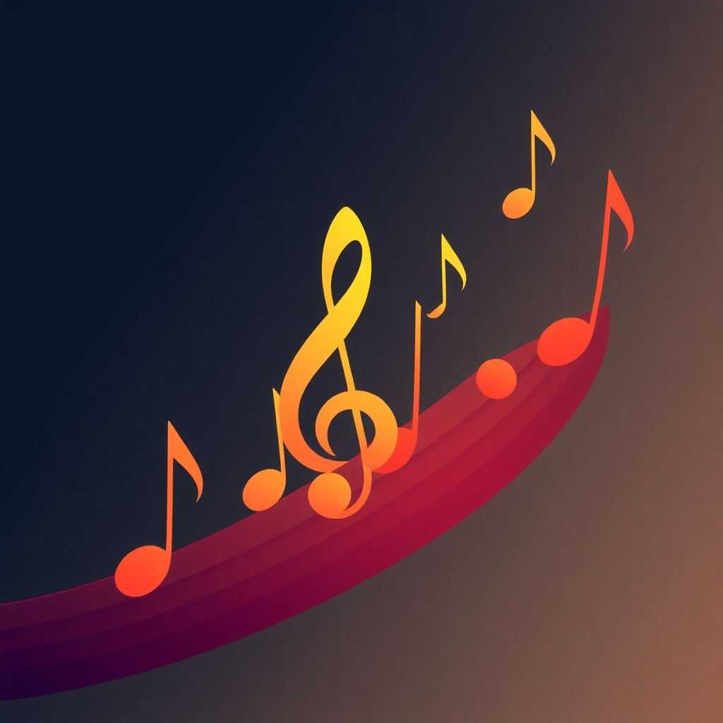 An abstract, stylized image of musical notes rising in a crescendo, to symbolize growth and improvement in music writing skills.  The color palette should be mostly warm and gradient, increasing in intensity as the notes rise, simulating the concept of progressive practice.