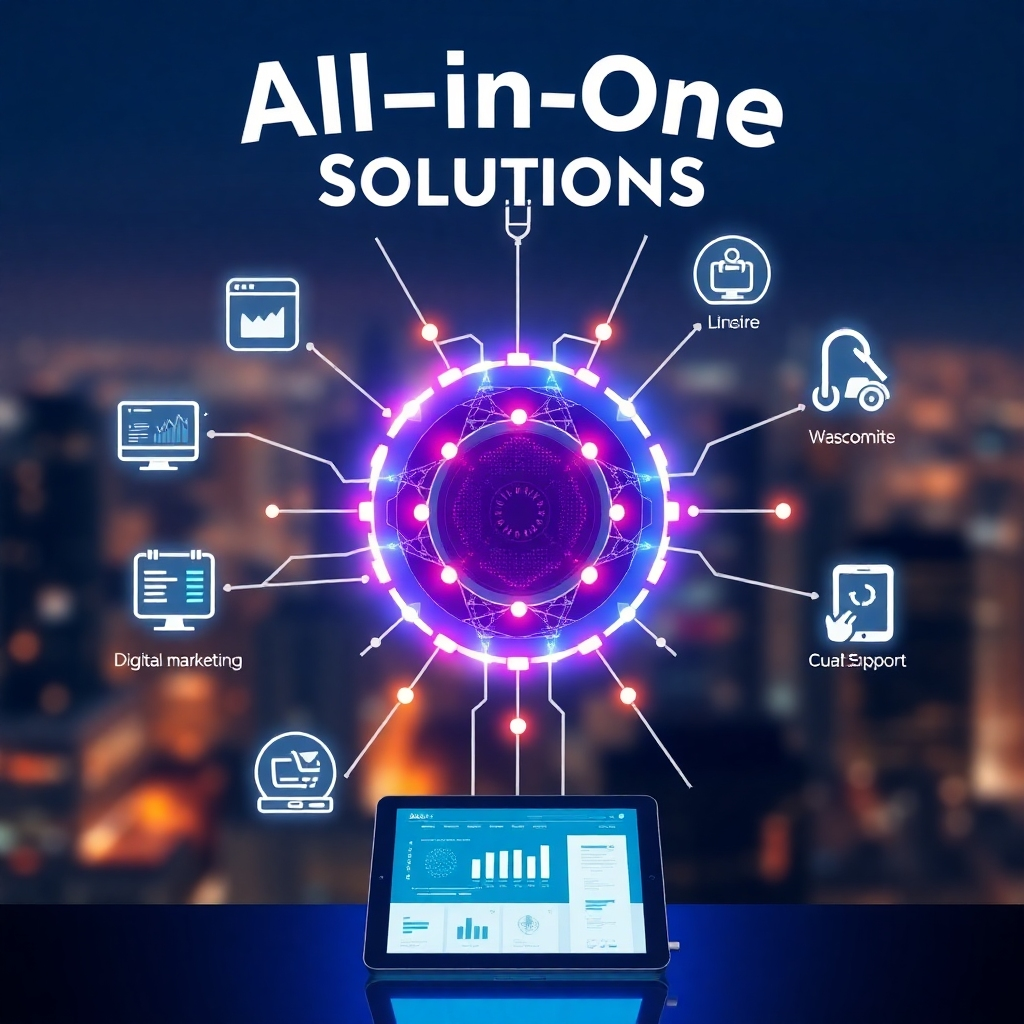 Create a photorealistic, 4K resolution image that represents 'All-in-One Solutions'. Imagine a central, stylized hub or server rack glowing with interconnected data streams. Radiating outwards from this hub are various visual representations of web design elements: responsive website layouts, e-commerce platforms, digital marketing strategies, and customer support icons. The color palette should be a blend of blues, purples, and oranges to convey both technical expertise and creative energy. The lighting should be dynamic, highlighting the interconnectedness of each element. The background could be a subtly blurred cityscape, symbolizing the reach and impact of SureTech's solutions. Consider a slightly elevated camera angle to capture the full scope of the scene. Style references could include the visual aesthetic of modern technology companies and network diagrams. Ensure high quality and detailed textures to enhance realism and visual appeal. Relevant props include a digital tablet displaying website analytics, and subtle wireframe models of websites.