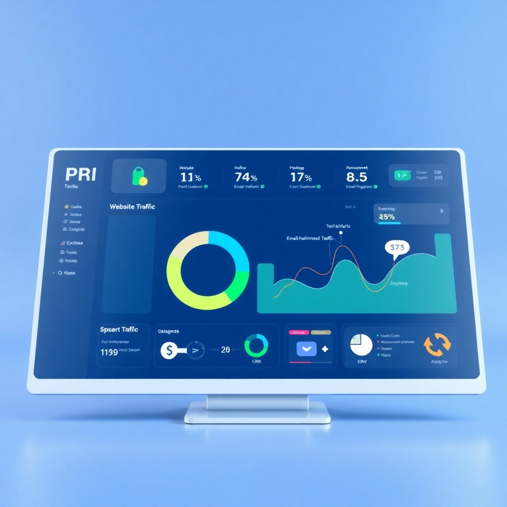 Create a stylized 3D render of a single, central dashboard interface. The dashboard should display key performance indicators (KPIs) for various business functions like website traffic, sales, and customer engagement. Icons representing different applications (e.g., CRM, email marketing, analytics) should be seamlessly integrated into the dashboard. The color palette should be clean and modern, using blues, greens, and whites to convey clarity and efficiency. The lighting should be soft and even, highlighting the key elements of the dashboard. The camera angle should be a close-up, focusing on the intuitive design of the interface. Style references include minimalist UI/UX design trends.