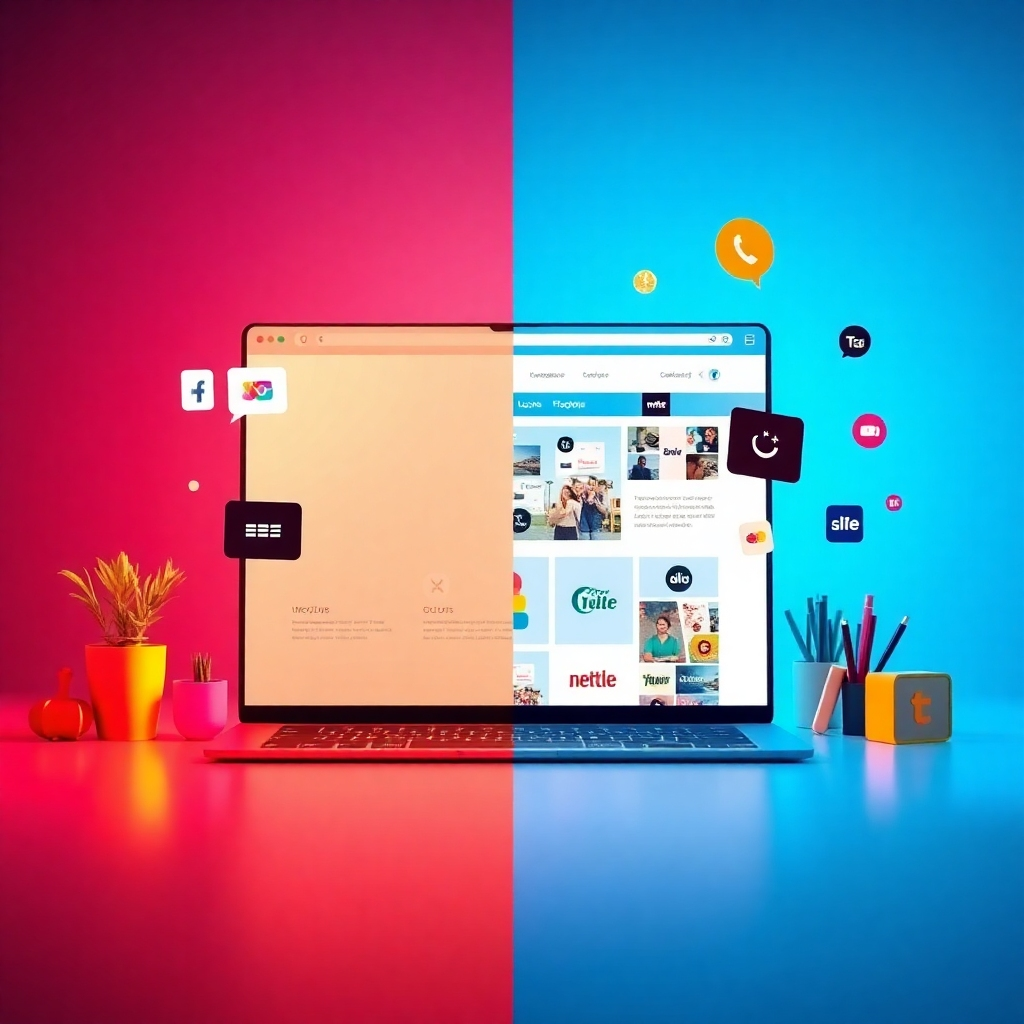 Create a visual metaphor for customization. Imagine a plain, generic website transforming into a vibrant and personalized design through the addition of various elements: colors, logos, images, and fonts. The transformation should be dynamic and visually appealing, showcasing the power of customization. The color palette should be bright and bold, reflecting the creativity and individuality of customization. The lighting should be dramatic, highlighting the transformation process. The camera angle should be a close-up, focusing on the details of the design elements. Style references include visual effects and motion graphics.