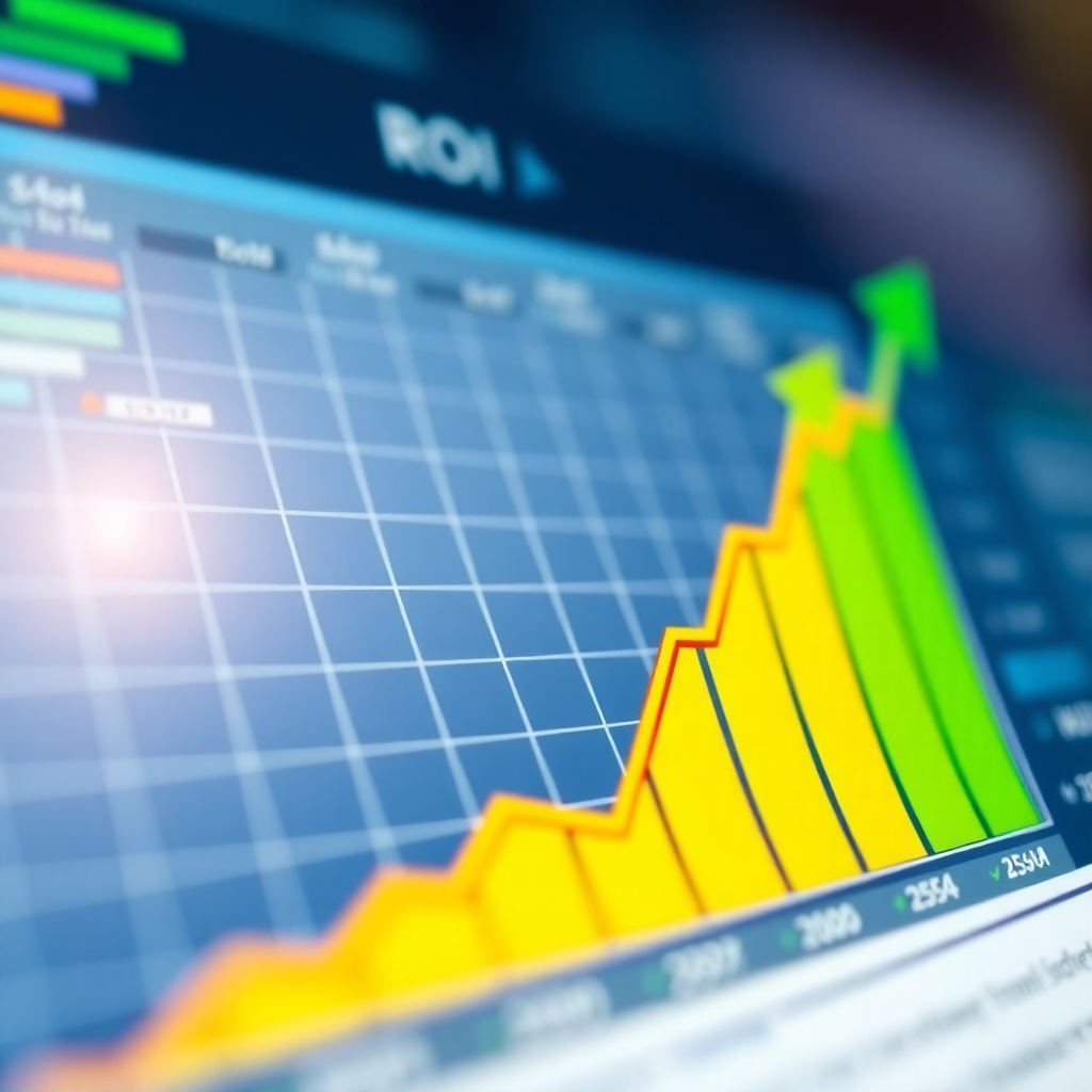 Create a visual representation of ROI using a graph that shows exponential growth. The graph should be styled in a clean and modern design, with clear labels and data points. Arrows could point upwards, symbolizing increasing profits and success. The color palette should be positive and optimistic, using greens, blues, and yellows to convey growth and prosperity. The lighting should be bright and even, highlighting the positive trend. The camera angle should be a close-up, focusing on the graph. Style references include business charts and financial visualizations.