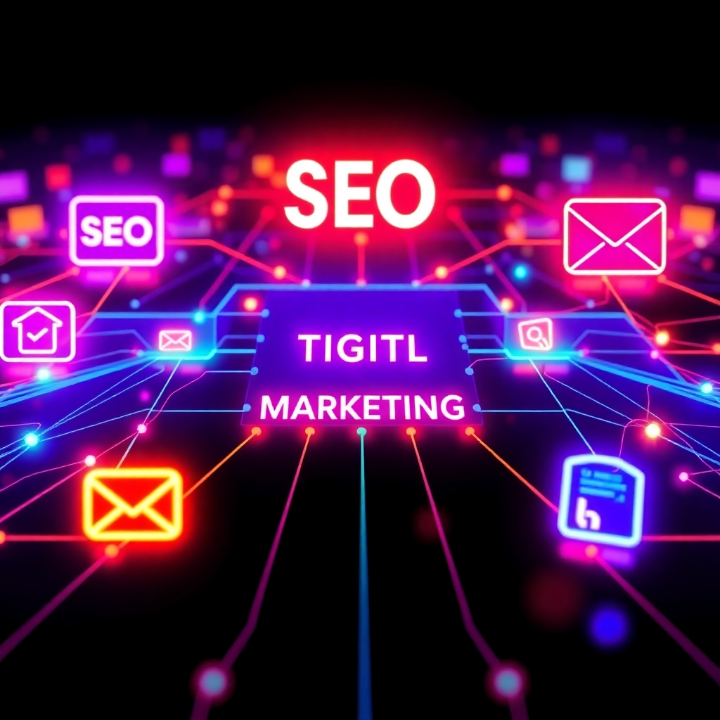 Create a visual representation of digital marketing channels converging to drive traffic to a website. Icons representing SEO, social media, email marketing, and paid advertising should be connected by glowing lines, symbolizing the integrated approach of digital marketing. The color palette should be vibrant and dynamic, using contrasting colors to highlight the different channels. The lighting should be dramatic, emphasizing the flow of traffic. The camera angle should be a wide shot, capturing the entire network. Style references include digital marketing infographics and technology visualizations.