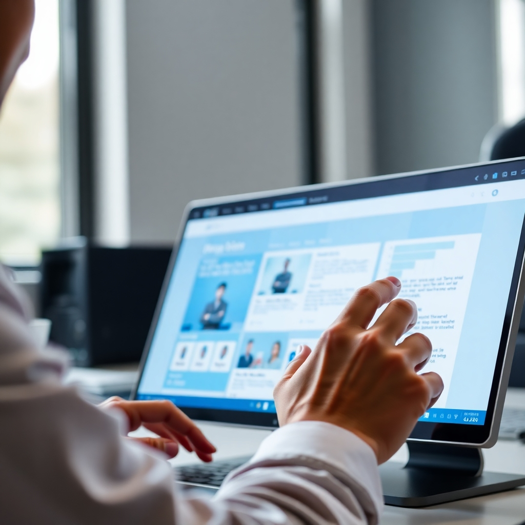 Depict a designer working on a sleek, modern website interface. The interface should be visually appealing and responsive, adapting to different screen sizes. The color palette should be clean and professional, using blues, whites, and grays. The lighting should be soft and even, highlighting the design elements. The camera angle should be a close-up, focusing on the designer's hands and the website interface. Style references include UI/UX design portfolios and stock photography of web designers.