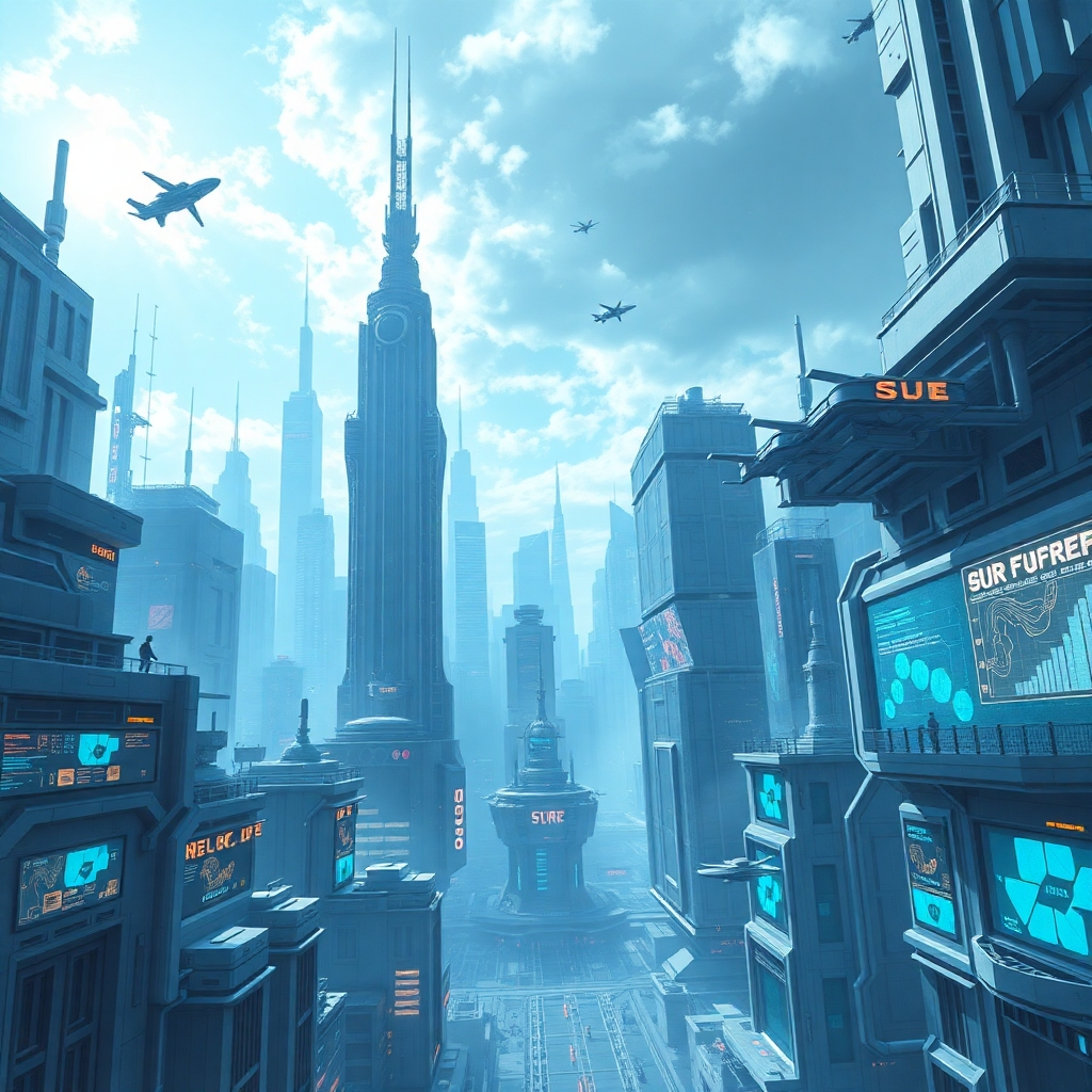 Depict a futuristic cityscape with buildings that are constantly evolving and adapting. A central tower could represent SureTech Solutions, providing the foundation for this dynamic ecosystem. Flying vehicles and holographic displays could add to the futuristic aesthetic. The color palette should be cool and modern, using blues, silvers, and grays to convey innovation and progress. The lighting should be bright and dynamic, emphasizing the futuristic elements. The camera angle should be a wide shot, capturing the entire cityscape. Style references include science fiction and cyberpunk art.