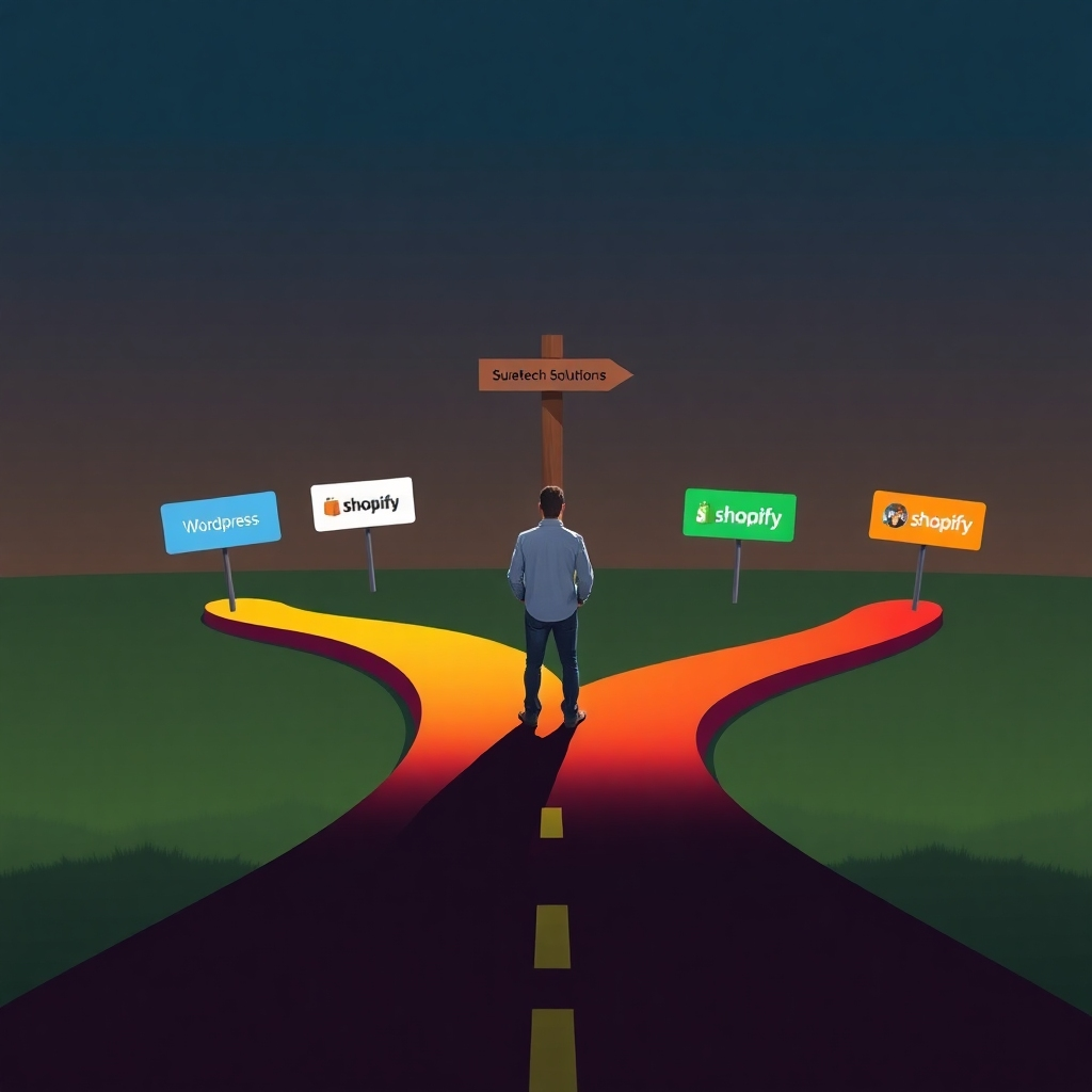 Visualize a person standing at a crossroads, with multiple paths leading to different platforms (e.g., WordPress, Shopify, custom solutions). Each path should be visually distinct, representing the unique features and benefits of each platform. A signpost could point towards 'SureTech Solutions' as a trusted guide. The color palette should be varied, reflecting the diversity of options. The lighting should be dramatic, creating a sense of decision-making. The camera angle should be a wide shot, capturing the entire scene. Style references include classical imagery of crossroads and decision-making.