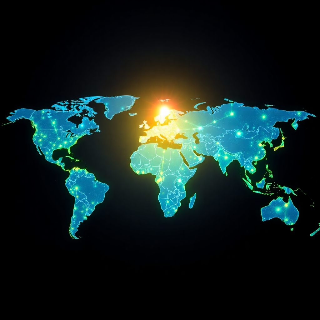 Visualize a world map illuminated with glowing dots representing customers from different regions. These dots should be connected by lines, symbolizing the global reach of SureTech Solutions. A central point on the map could represent the business, radiating outwards to connect with the world. The color palette should be vibrant, using blues, greens, and yellows to convey connectivity and growth. The lighting should be dynamic, highlighting the global network. The camera angle should be a wide shot, capturing the entire map. Style references include network visualizations and infographics.