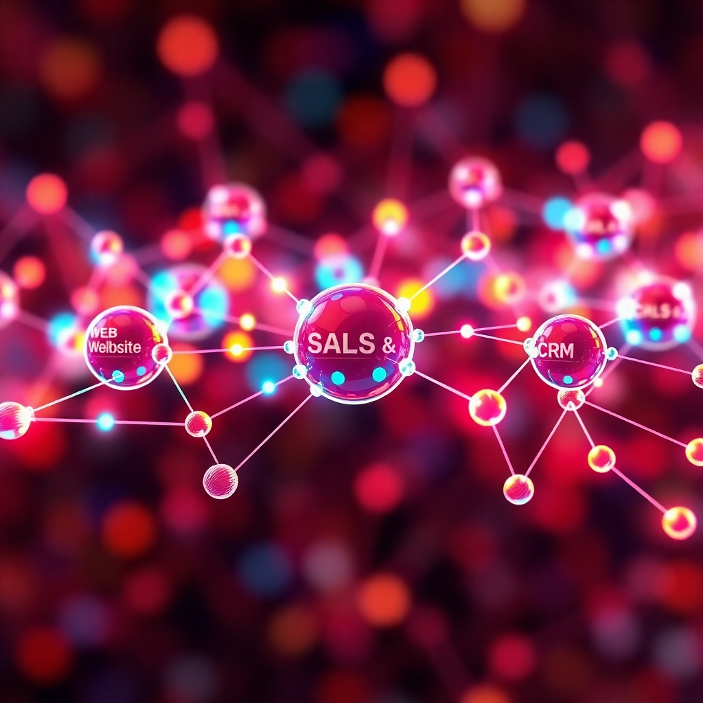 Visualize interconnected nodes forming a network, each node representing a different aspect of web design and sales: website, marketing, CRM, and analytics. These nodes should be linked by glowing lines of data, symbolizing seamless integration. The color palette should be vibrant, using contrasting colors to highlight the connections. The lighting should be dynamic, emphasizing the flow of information. The background could be a blurred abstract pattern, suggesting a complex system working in harmony. The camera angle should be a wide shot to capture the entire network. Style references include network diagrams and futuristic technology visualizations.