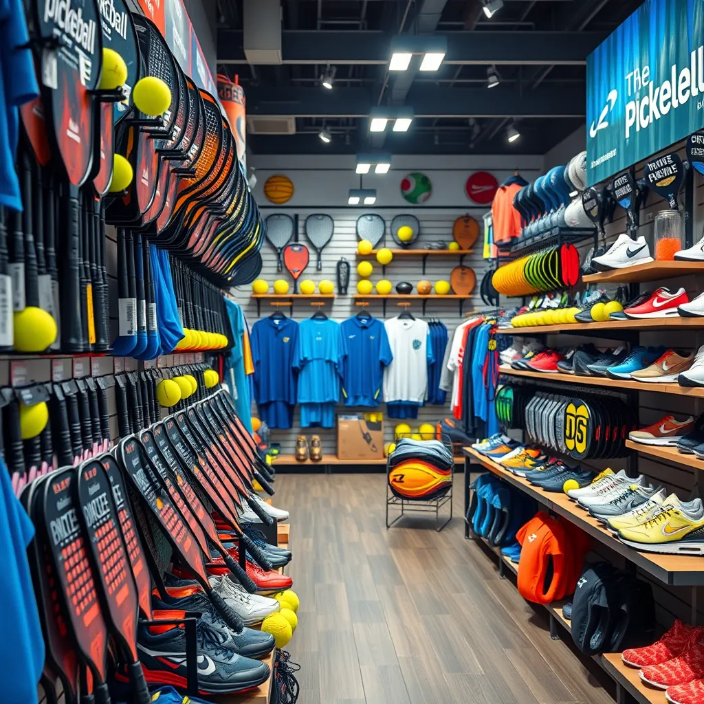 A beautiful display of various pickleball equipment in a store. The image should showcase a variety of pickleball rackets, balls, shoes, and apparel arranged in a visually appealing and organized manner. The lighting should be bright and inviting, highlighting the high quality and diversity of the products.