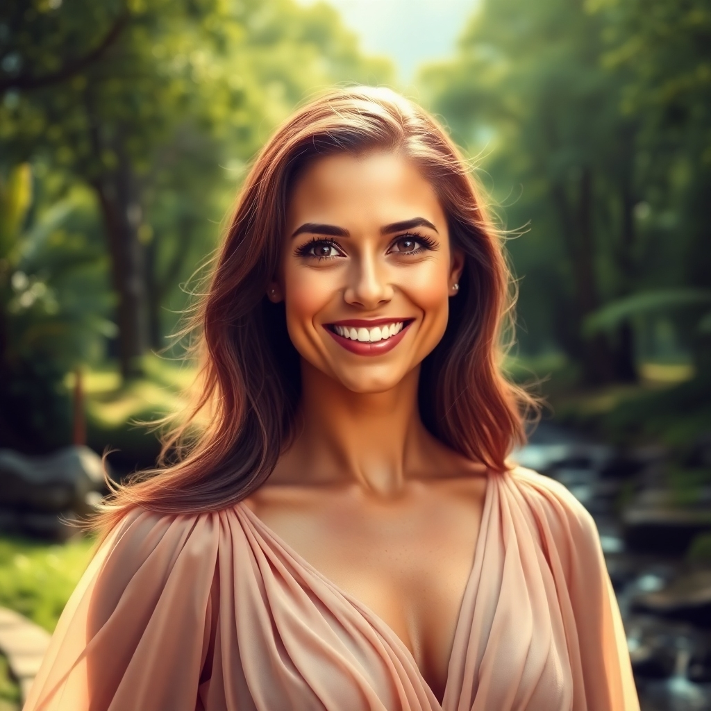 A close-up portrait of a confident woman with a warm smile, her eyes shining with wisdom and determination. She is dressed in a flowing, elegant dress, showcasing her natural beauty. The background features a serene landscape with lush green trees and a gentle stream, symbolizing growth and inner peace. The lighting is soft and diffused, creating a gentle glow around the woman. The image is vibrant and optimistic, conveying a sense of empowerment and self-discovery. Render the image in 8K resolution, with hyperrealistic detail and intricate textures. The composition should be balanced, with the woman as the central focus, surrounded by natural elements that enhance her aura of strength and grace.