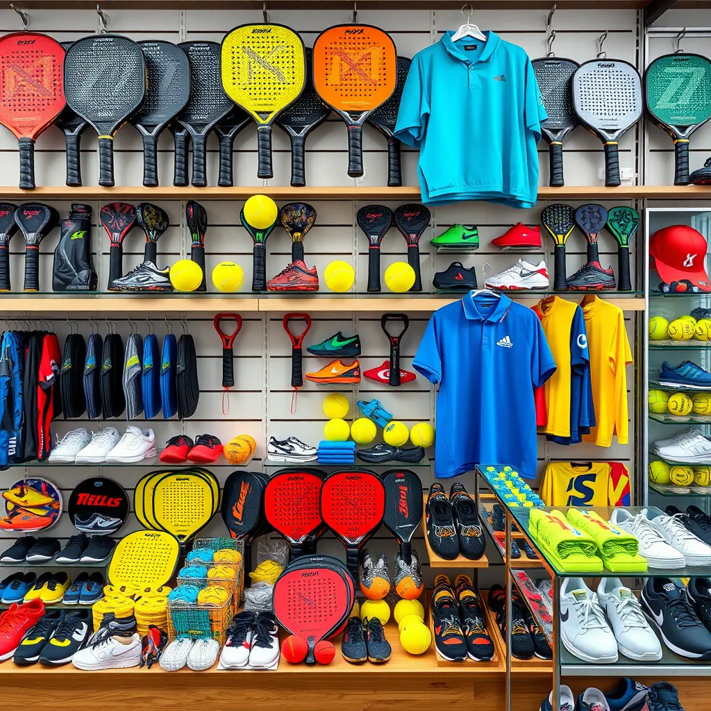 A colorful and visually appealing display of high-quality pickleball equipment, including paddles, balls, shoes, clothing, and accessories. The equipment is neatly arranged on shelves and display cases. The image should focus on the variety and quality of the products, conveying a sense of professionalism and expertise.