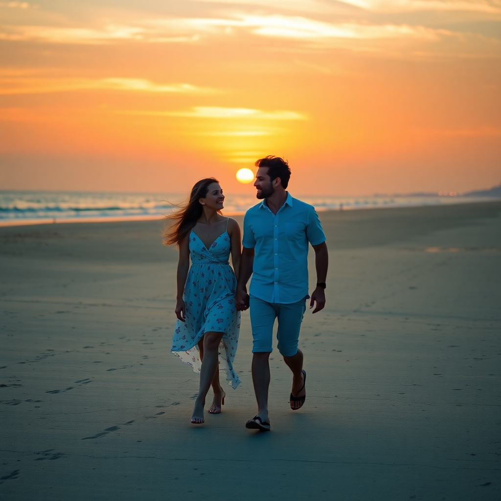 A couple walking hand-in-hand on a beach at sunset, both smiling and looking at each other. The beach is empty, representing a peaceful and loving space for them to connect. The warm colors of the sunset represent the warmth of their love.