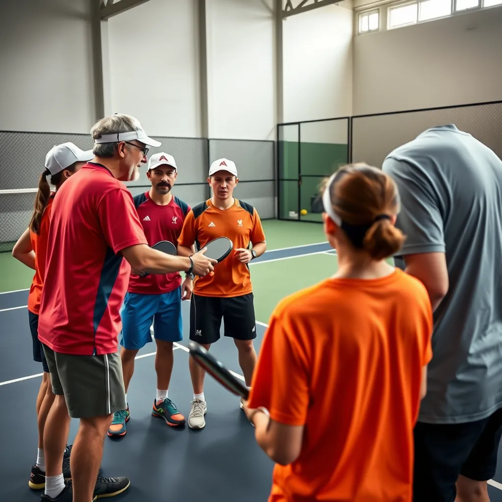A dynamic image of a pickleball coach instructing a group of students. The students are wearing pickleball attire and are engaged in a pickleball drill.  The coach is demonstrating proper technique and providing feedback to the students. The image should capture the energy and excitement of the training session.  Use a wide-angle lens to capture the entire group and the surrounding environment, which could include a pickleball court or a training facility. Render the image in photorealistic style with ultra-high resolution, showcasing the coach's expertise and the students' enthusiasm.