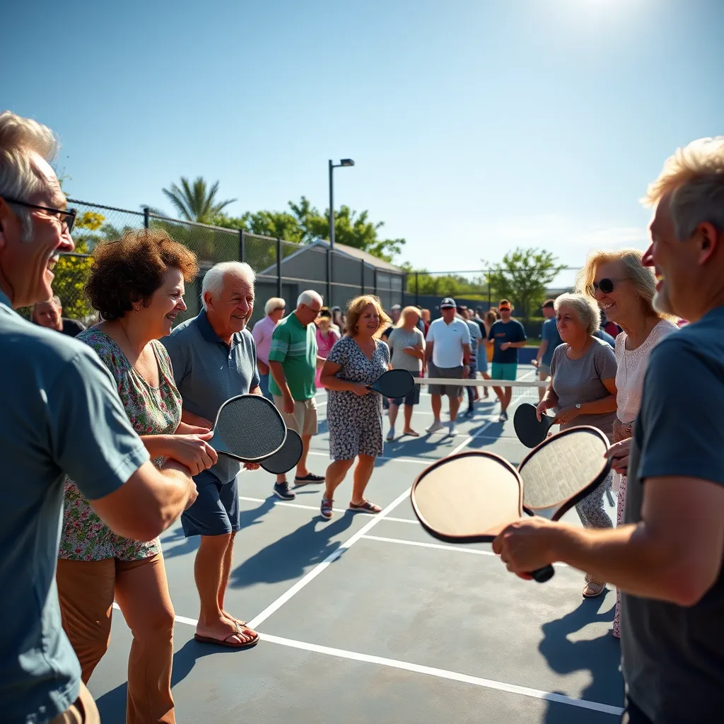 A group of diverse people of all ages playing pickleball together on an outdoor court, laughing and enjoying the game. The sun is shining and the sky is blue. There is a vibrant, lively atmosphere, with people cheering and socializing.