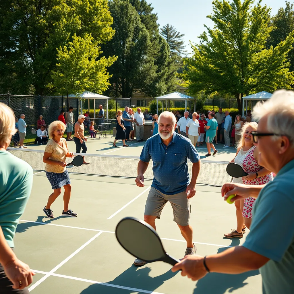 A group of diverse people of different ages and backgrounds playing pickleball on an outdoor court. The sun is shining brightly and the players are smiling and having fun. The court is surrounded by lush green trees and a vibrant community gathering in the background.