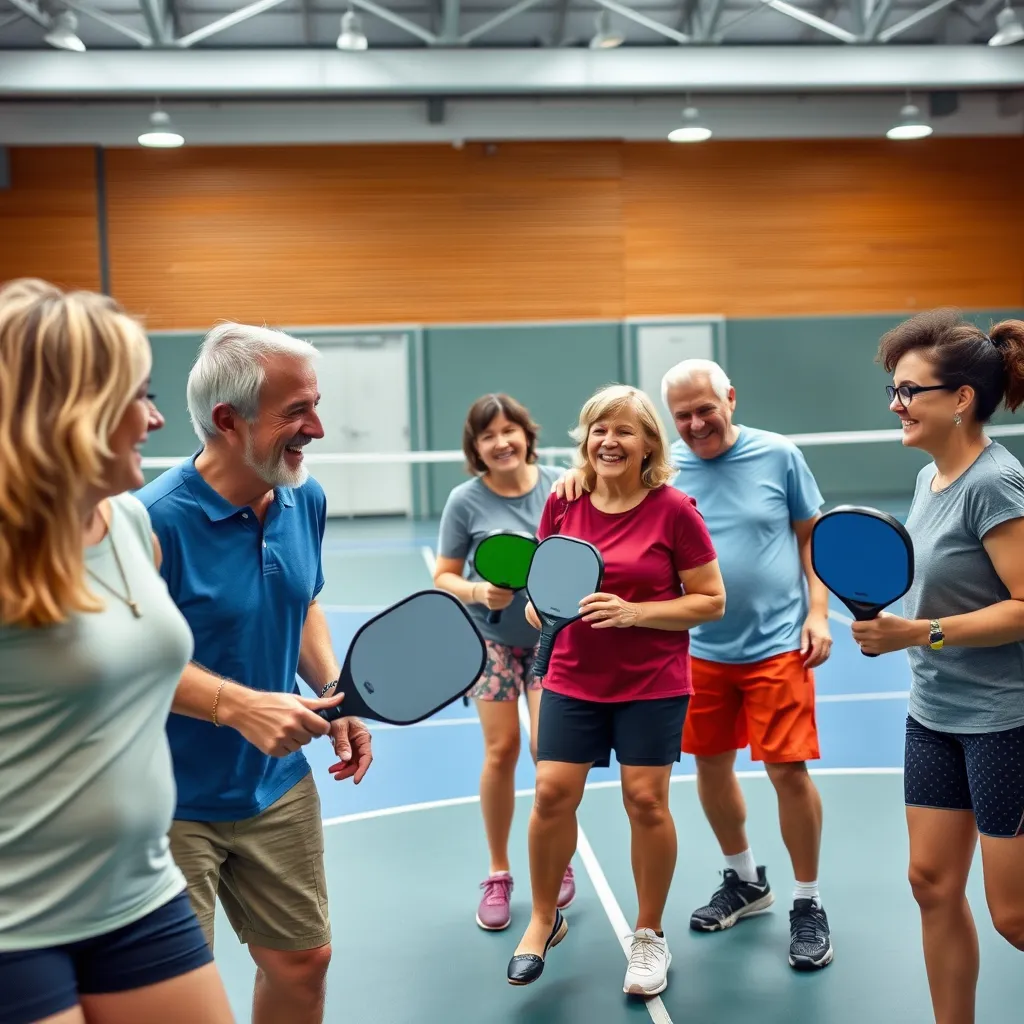 A group of diverse people of different ages and backgrounds playing pickleball together in a brightly lit, modern indoor court. They are laughing and having fun, with a sense of community and camaraderie. The court is well-maintained and equipped with professional-grade pickleball equipment. The image should capture the joy and excitement of playing pickleball together.