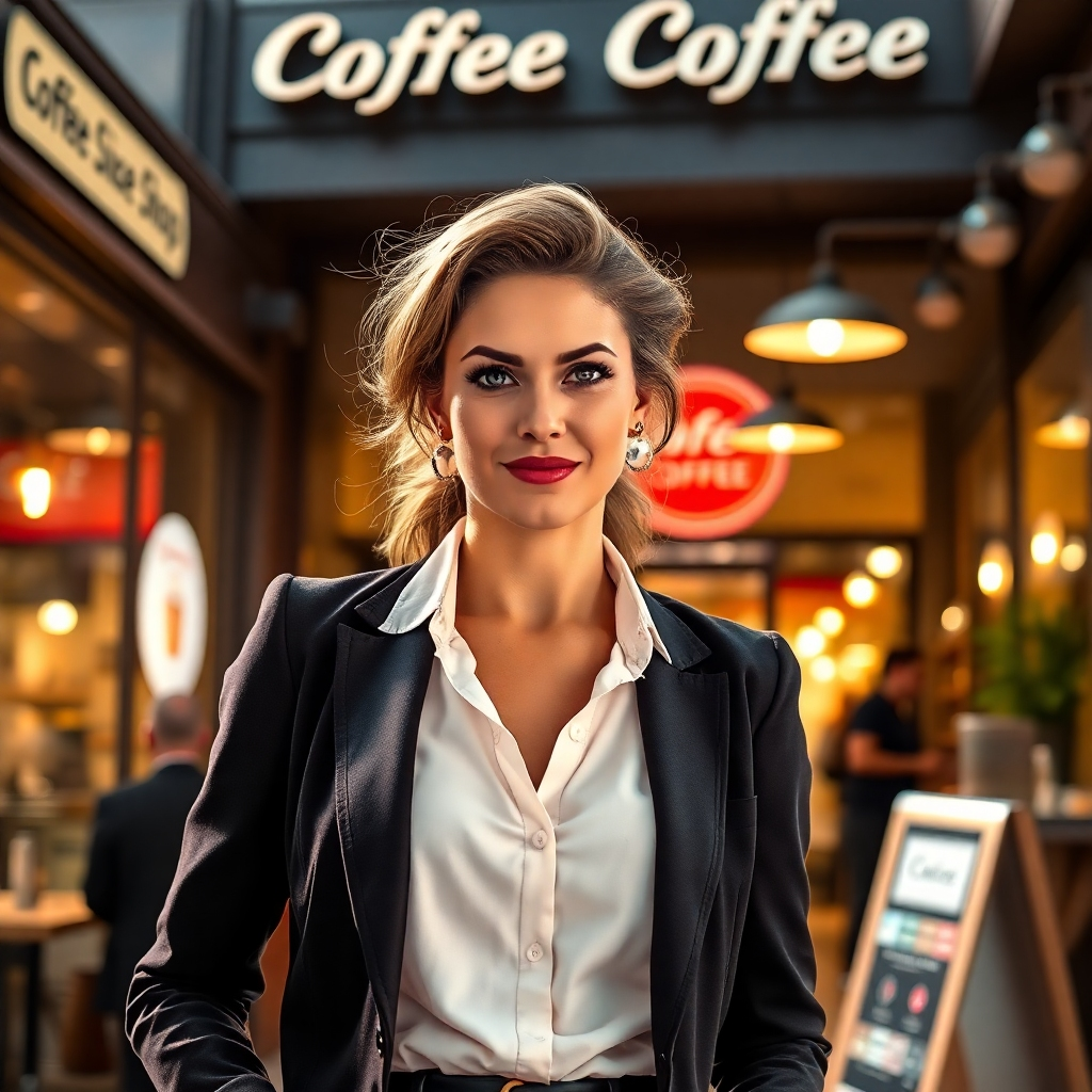A powerful image of a woman standing confidently in front of her business, a bustling coffee shop, radiating energy and success. She is wearing a smart and stylish outfit, embodying both femininity and strength. The background features a busy street, with people coming and going, symbolizing the dynamic nature of her business. The lighting is dramatic, highlighting her determined expression and the vibrant colors of her surroundings. The image is full of energy and optimism, capturing the spirit of entrepreneurship. Render the image in 8K resolution, with hyperrealistic details, showcasing the vibrant colors and intricate textures of her coffee shop. The composition should focus on the woman, showcasing her confidence and success, while still highlighting the inviting atmosphere of her business.
