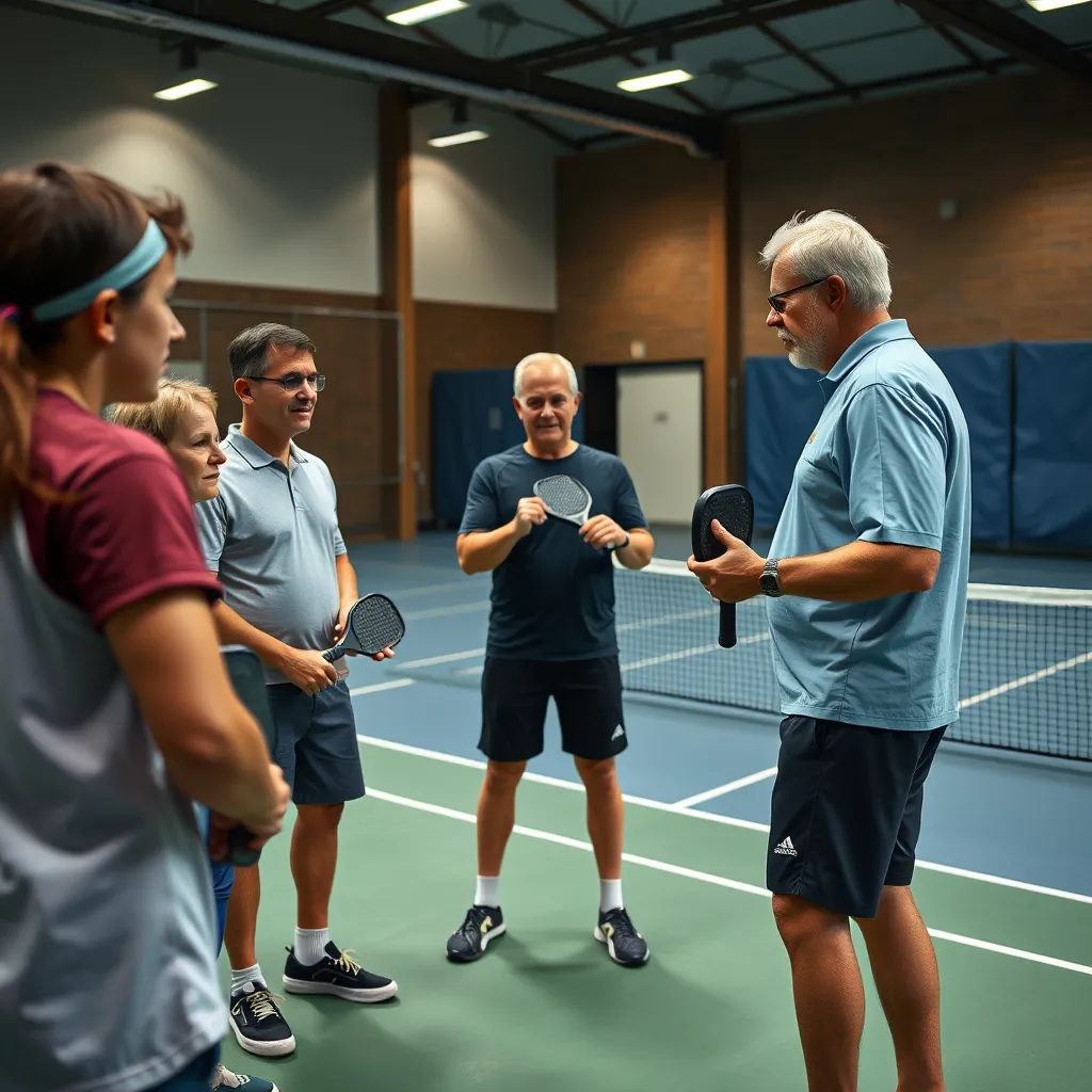 A professional pickleball coach instructing a group of students on an indoor pickleball court. The coach is demonstrating a specific technique, while the students are attentively observing and practicing. The image should capture the focus and determination of the players as they learn and improve their skills.