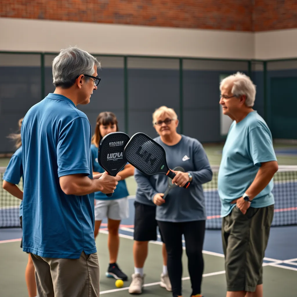 A professional pickleball coach teaching a group of students on a pickleball court. The coach is demonstrating a specific technique with a paddle, while the students are focused and attentive. There is a sense of excitement and learning in the air.