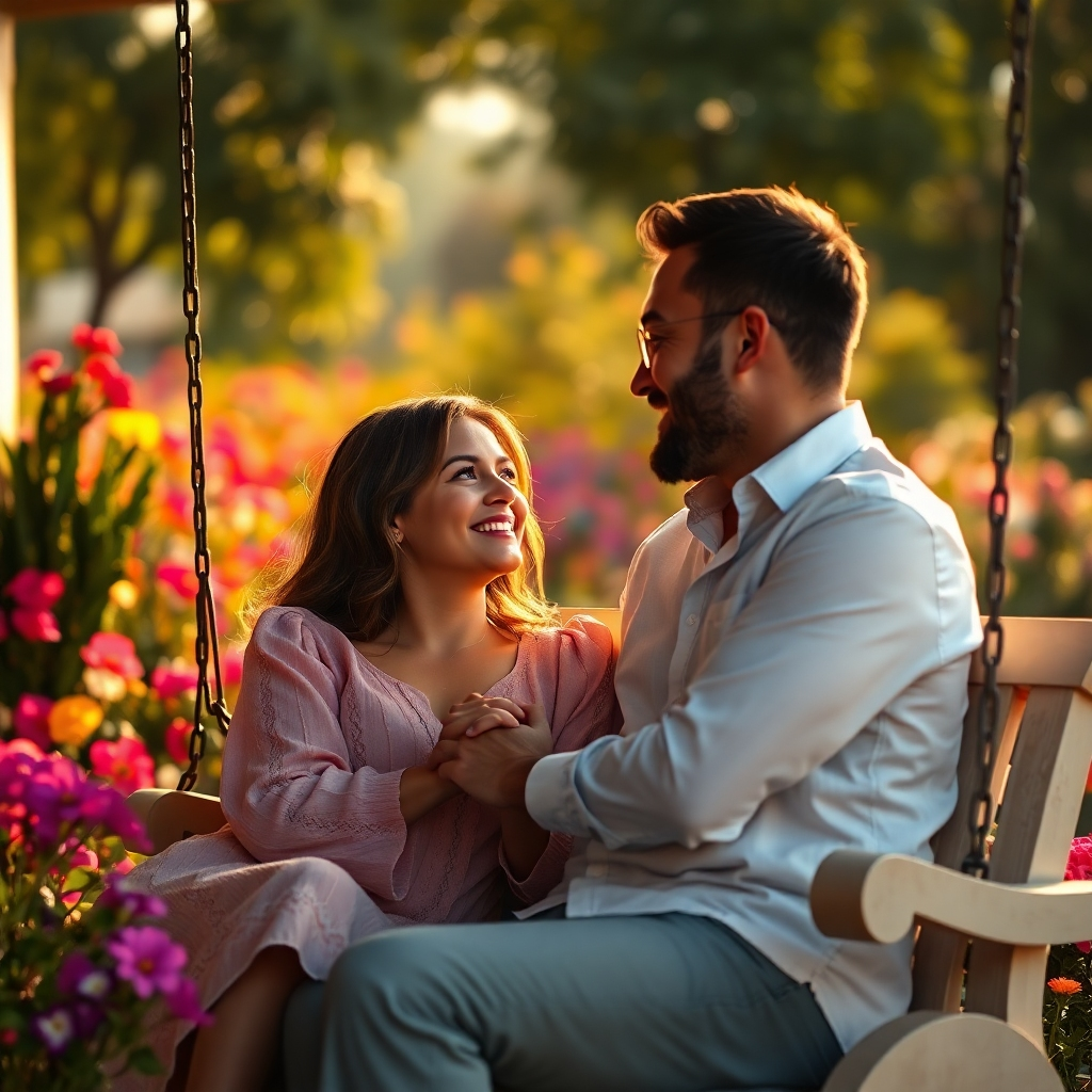 A tender and intimate scene of a couple, deeply in love, sitting on a porch swing, surrounded by a blooming garden. The man is gently holding his wife's hand, looking at her with adoration. The woman is smiling softly, her eyes filled with love and contentment. The scene is bathed in warm, golden sunlight, creating a cozy and romantic atmosphere. The garden is vibrant with colorful flowers, symbolizing the blossoming of their relationship. Render the image in 8K resolution, with ultra-realistic details, capturing the delicate emotions and the beauty of their bond. The composition should emphasize the connection between the couple, their eyes meeting in a shared moment of happiness.