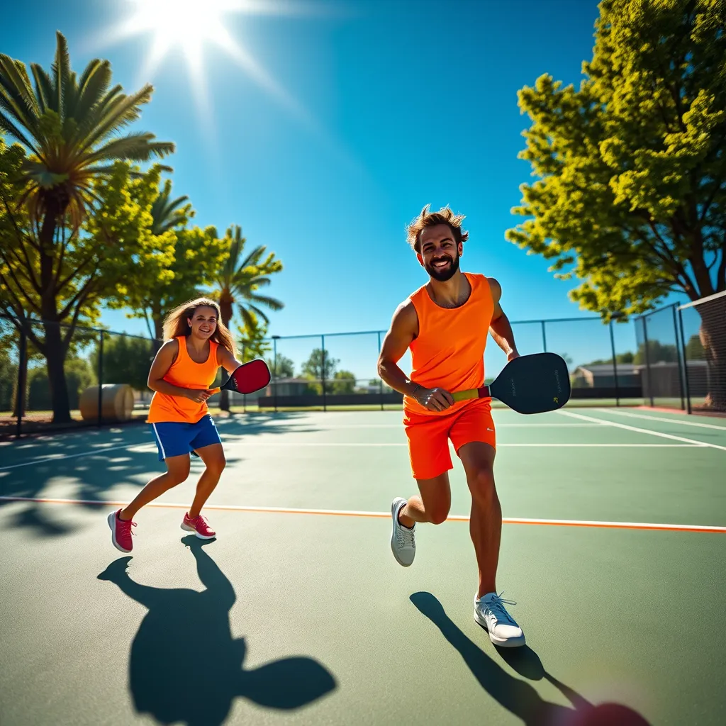 A vibrant and energetic image of a modern pickleball court with two players in action. The sun is shining brightly, casting long shadows on the court. The players are wearing brightly colored pickleball attire, and their expressions are focused and determined. The court is surrounded by lush green trees and a clear blue sky. The image should be captured from a dynamic angle, emphasizing the movement and energy of the game.  Use a shallow depth of field to create a sense of depth and focus on the players. Render the image in photorealistic style with ultra-high resolution and detailed textures.