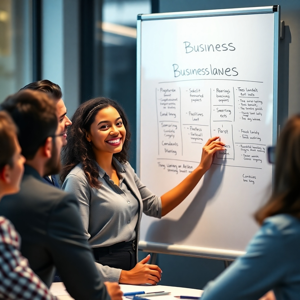 A woman confidently presenting a business plan on a whiteboard, surrounded by a group of diverse colleagues who are actively engaged in the presentation. The woman is smiling and radiating confidence, surrounded by a positive and supportive environment.