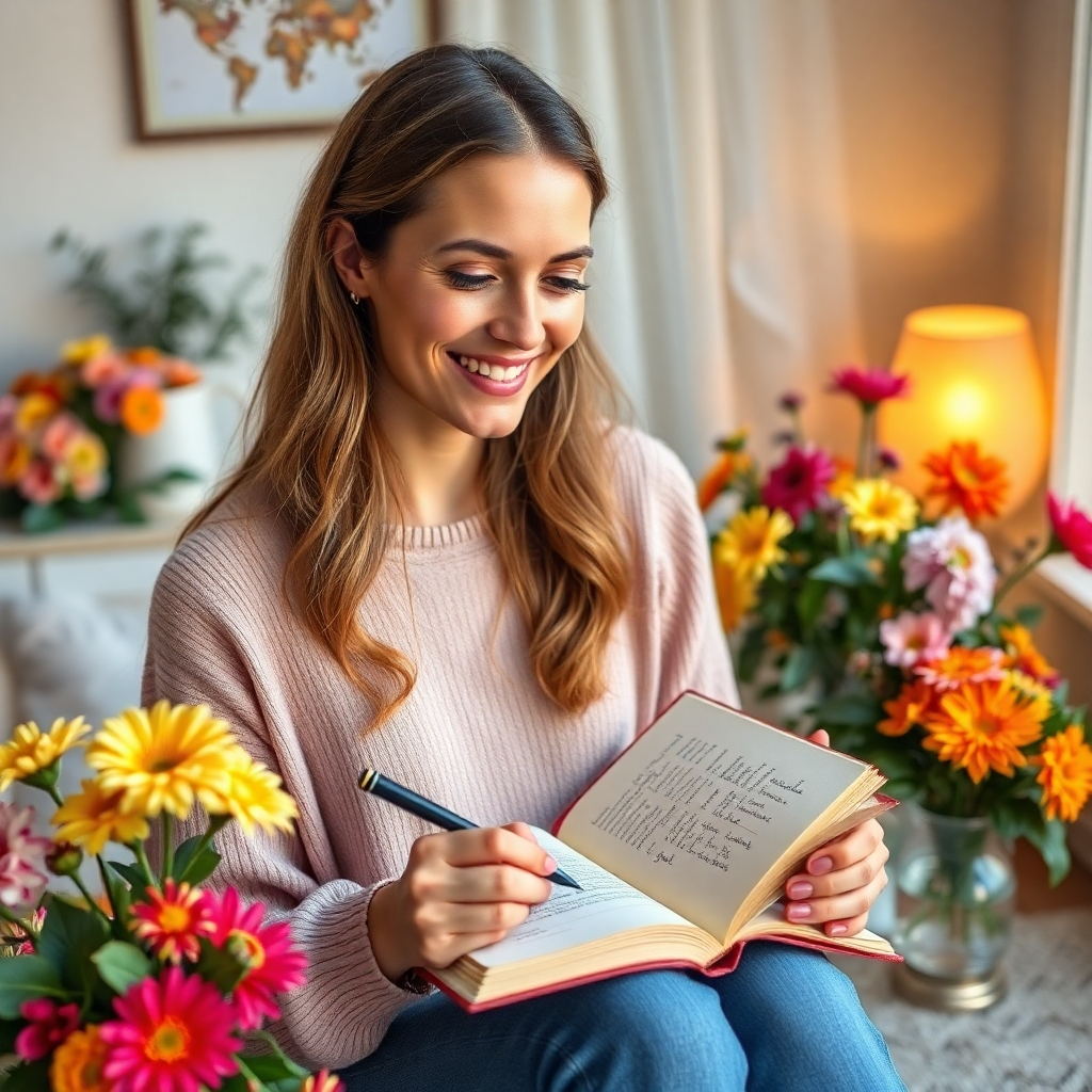 A woman holding a beautiful journal, writing in it with a warm, inviting smile.  The journal is surrounded by vibrant flowers, a cup of steaming tea, and a warm, inviting home environment, representing a serene and grateful mindset.