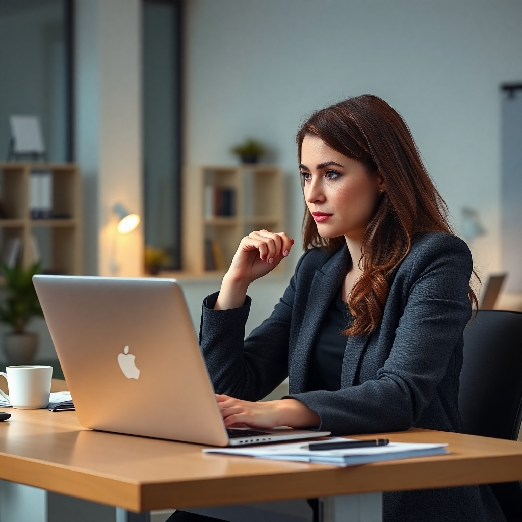 A woman sitting at a desk, thoughtfully looking at a laptop screen. The image should depict a workspace with a modern design, emphasizing a clean, organized environment. The woman should be wearing professional attire.