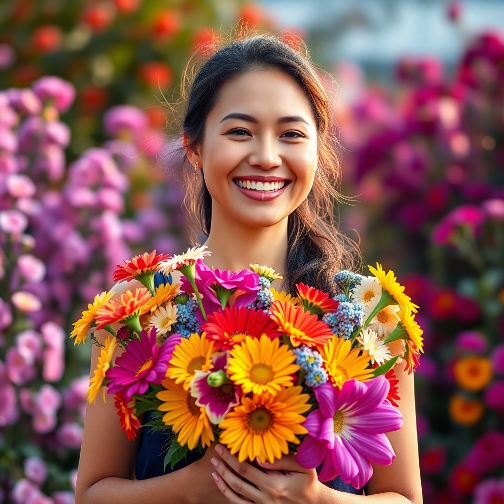 A woman smiling warmly as she holds a bouquet of colorful flowers. The background is a vibrant, blooming garden with a gentle breeze blowing through the flowers. The image should evoke a sense of joy and gratitude.