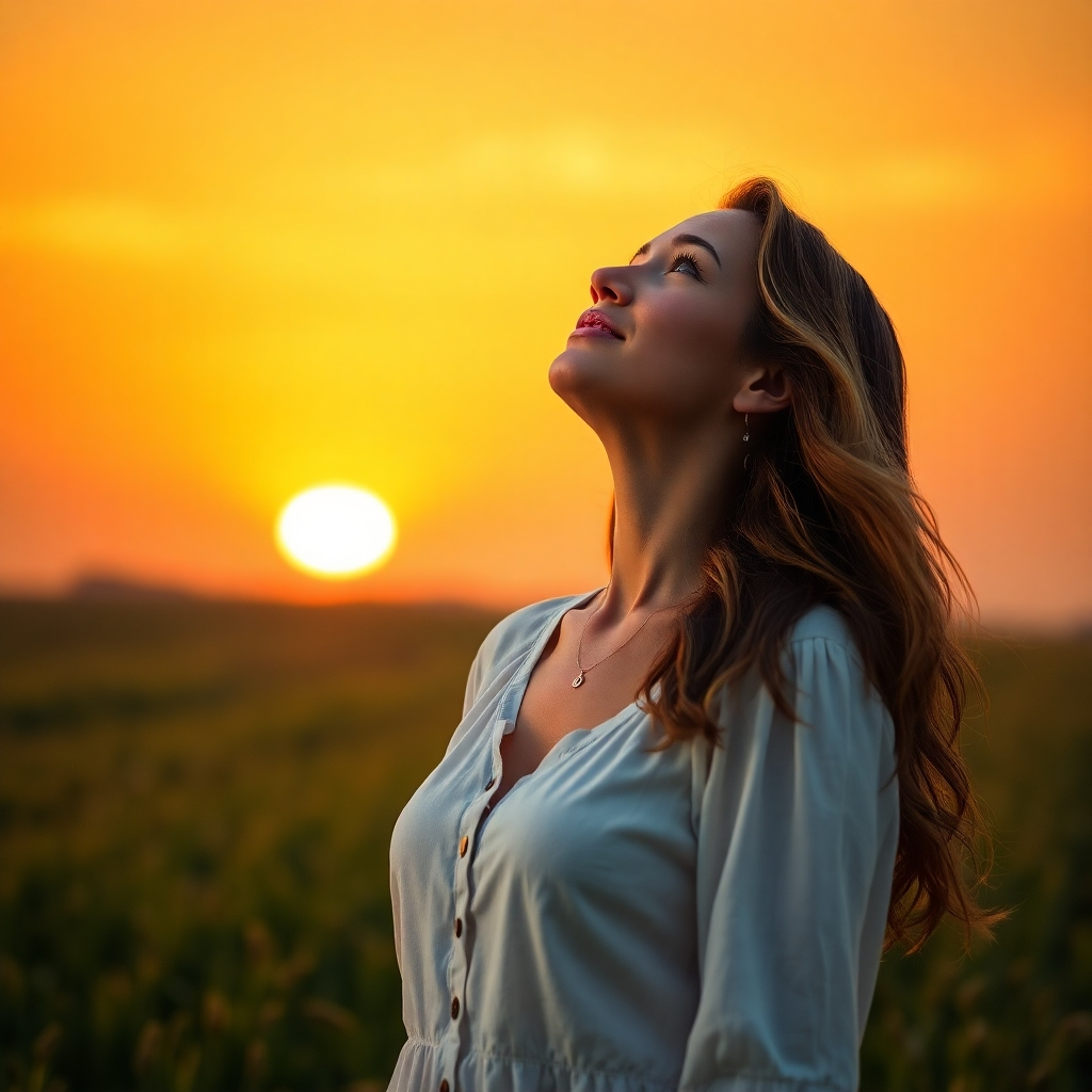 A woman standing in a field, looking up at the sky with a determined expression on her face. The background is a beautiful sunset with warm, golden light. The image should convey a sense of hope and inspiration.