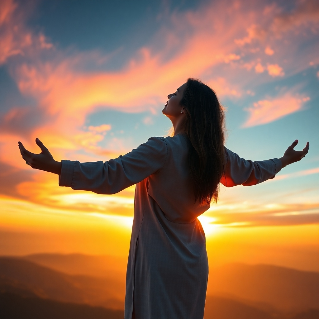 A woman standing on a mountaintop, arms outstretched, looking at a sunrise over a vast landscape, with a peaceful expression on her face. The sky is filled with bright, vibrant colors, representing a new beginning.