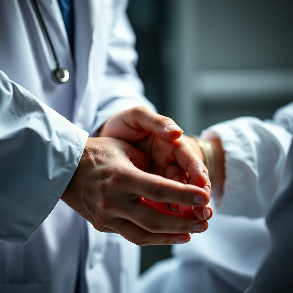 A close-up shot of a doctor's hands interacting with a patient, showing a warm and compassionate exchange. The image should convey a sense of safety and trust, with the doctor's knowledge and skills evident in the interaction.